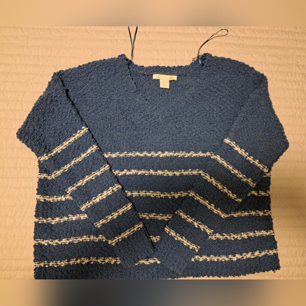 Blue & White Striped POPCORN Sweater C&C long sleeve OVERSIZE very nice